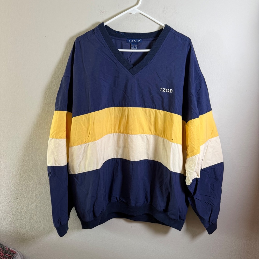 Vintage IZOD Windbreaker Pullover Navy Blue Yellow Colorblock‎ V-Neck XL Mens